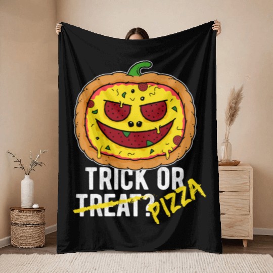 Trick or Treat Pizza Face - Halloween Pizza Party Throw Blankets