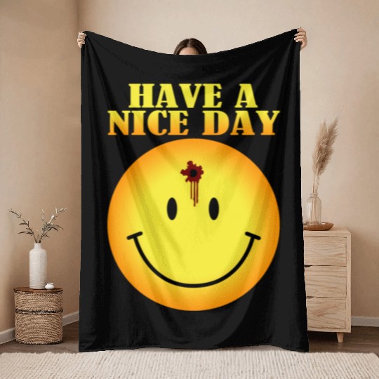 smiley face bullet hole Throw Blankets