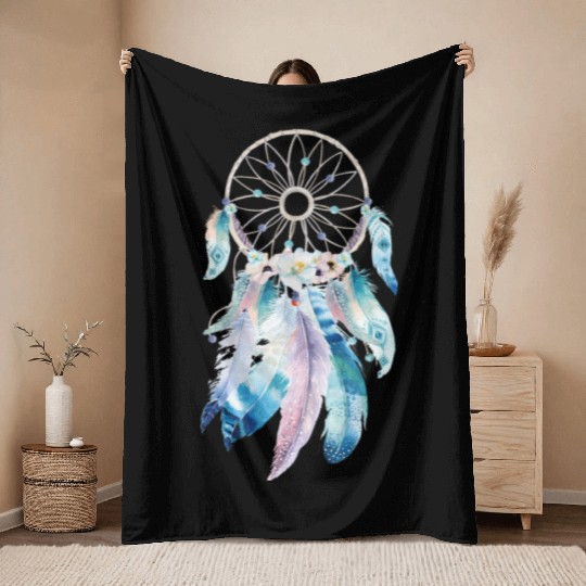 Image: Watercolor, Feather dreamcatcher Throw Blankets