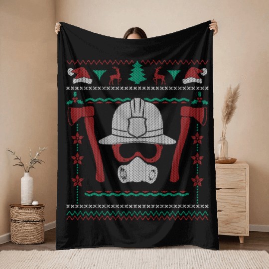 Ugly Christmas Firefighter Xmas Gift & Present Throw Blankets