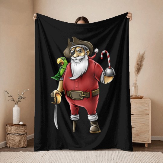 Santa Pirate Funny Christmas Candy Cane Hook Hand Throw Blankets