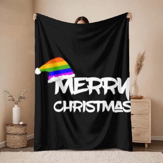 Merry Christmas LGBT Gay Pride Rainbow Throw Blankets