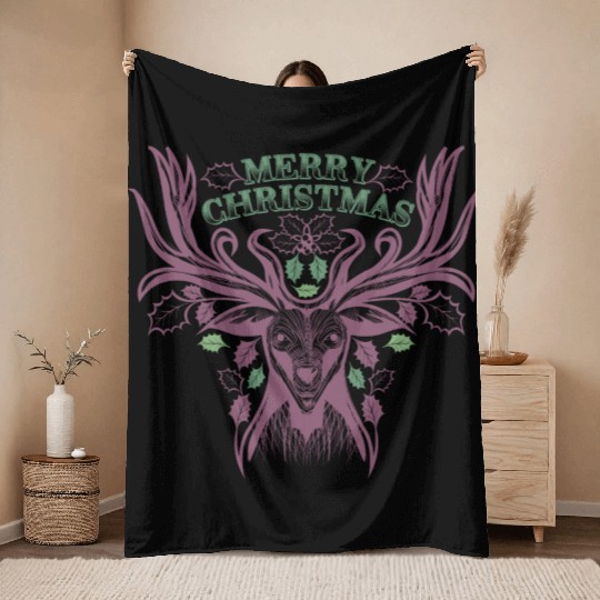 Retro Deer Head Antler Reindeer Merry Christmas Throw Blankets