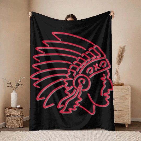 Native American Indian Chief Neon Sign Throw Blankets