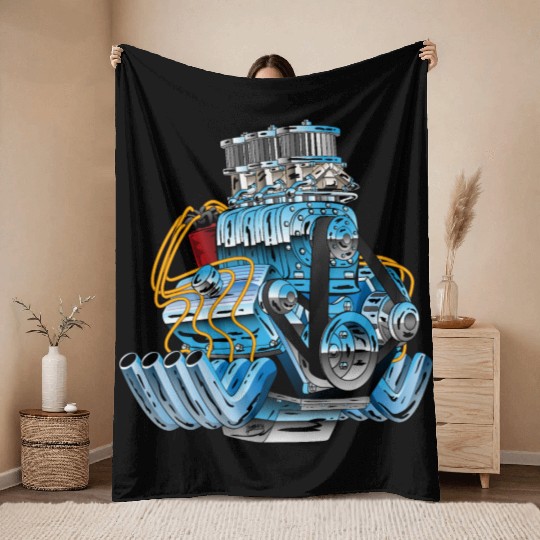 Hot Rod Race Car Dragster Engine Cartoon Throw Blankets