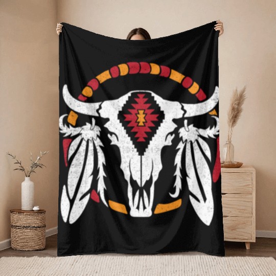 Aztec Pattern Cow Skull Cowboy Indian Mexican Throw Blankets