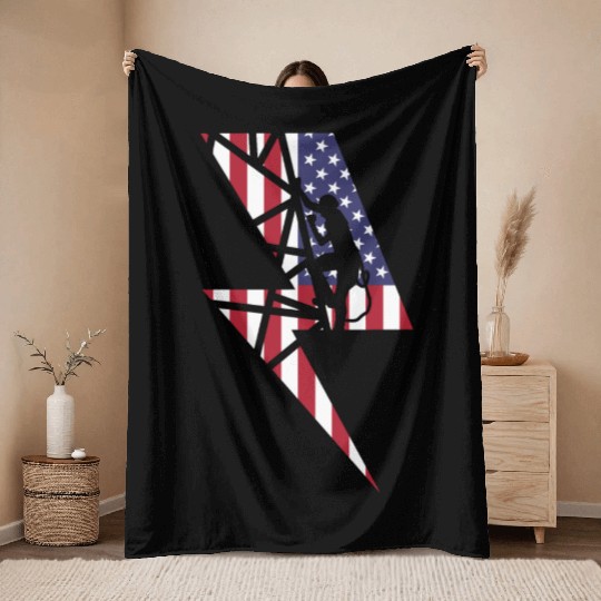 Lineman Usa American Flag Cable Pole Light Gift Throw Blankets