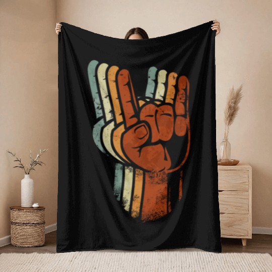 Devil horns Sign Retro Metal Fork Rock Hand Throw Blankets