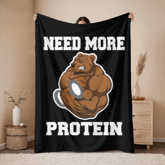 Fitness Gym Bear - Protein Grizzly Bear Throw Blankets