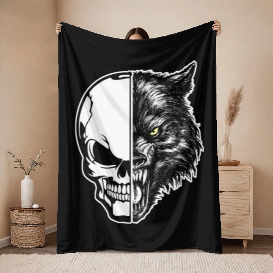 skull and wolf Throw Blankets