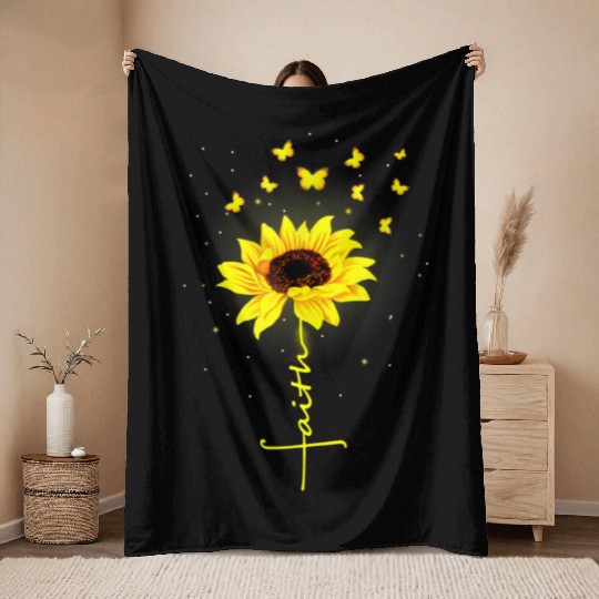 Faith Butterfly Sunflower Flower Throw Blankets