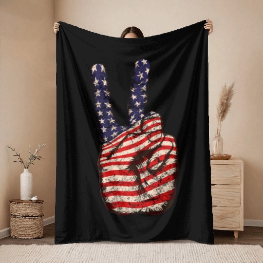 American Flag Peace Sign V Victory Hand Throw Blankets
