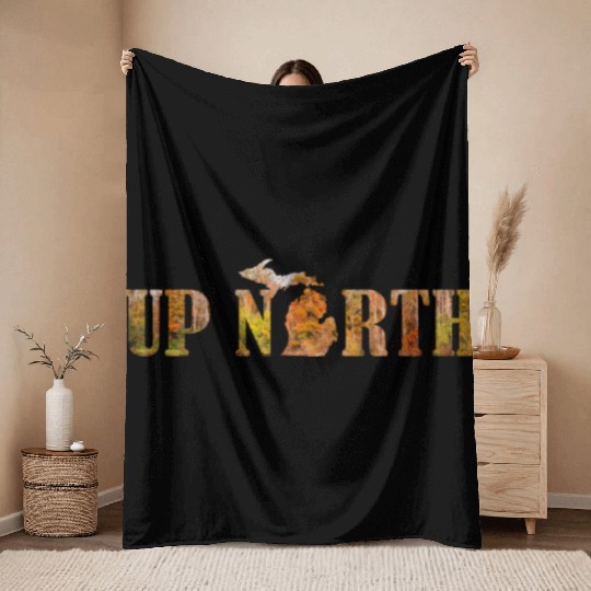 Up North Michigan Fall Leaves Silhouette Design Throw Blankets