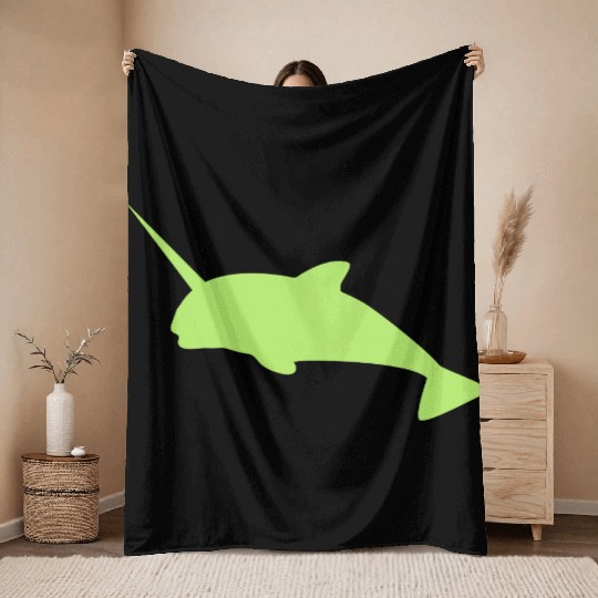 Sharp narwhal in green uniwhale Throw Blankets