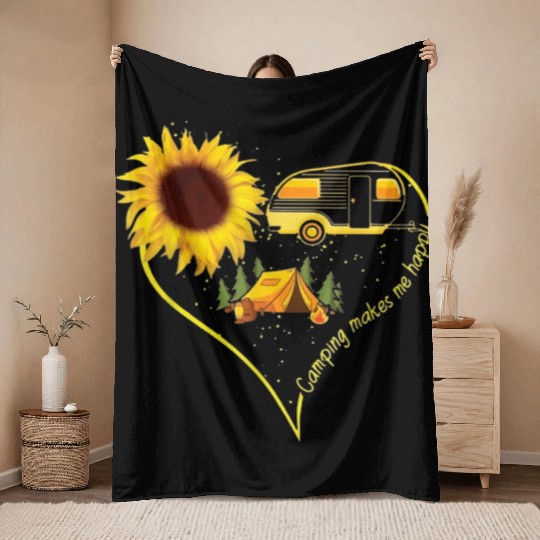 Camping Makes Me happy Throw Blankets Funny Sunflower
