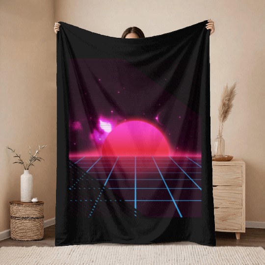 Sundown sunrise Scenery in a Retro 80s 90s Grid Throw Blankets