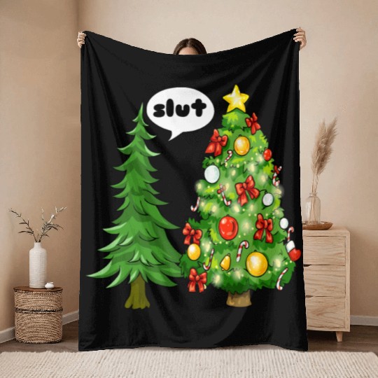 Funny Christmas Tree Slut Throw Blankets
