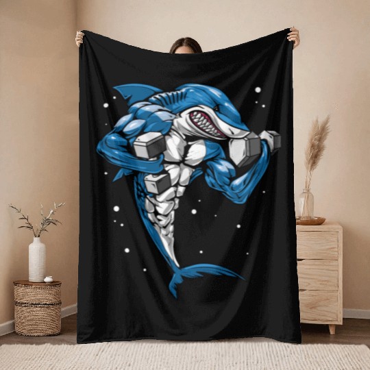 Shark Fitness Bodybuilder Throw Blankets