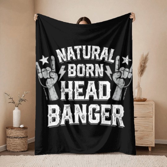 Natural born Headbanger Devil horns Heavy Metal Throw Blankets