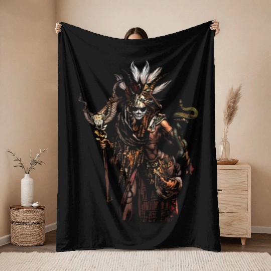 Female Voodoo Queen Witch Doctor Halloween Costume Throw Blankets