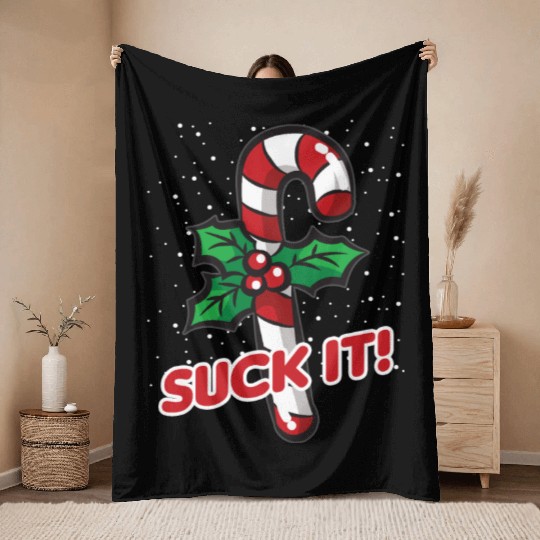 SUCK IT Christmas Candy Cane Naughty Humor Throw Blankets