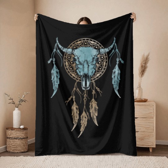 Womens Street Style Bull Skull Rodeo Throw Blankets