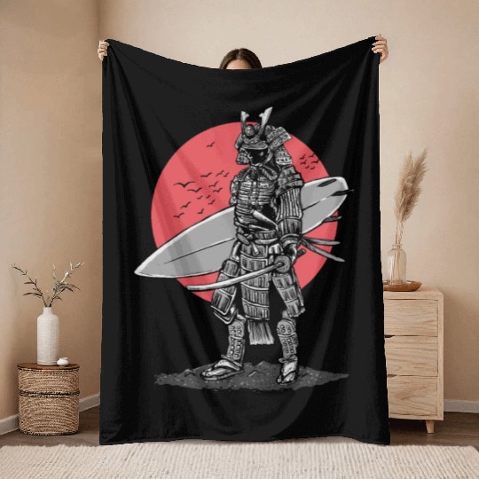 Samurai Surfer Red Sun Throw Blankets