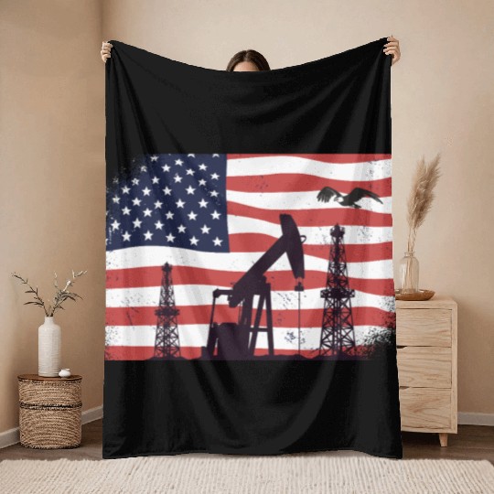 Oil Rig Worker Pump USA American Gas Oilfield Throw Blankets
