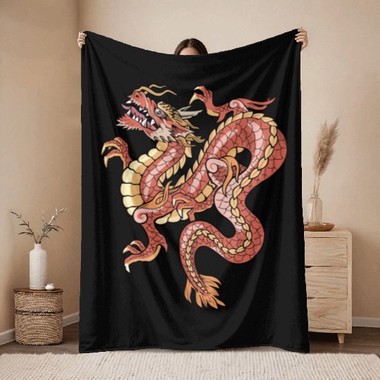 big red chinese dragon Throw Blankets