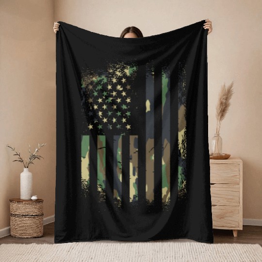 Camouflage Distressed american military Flag Throw Blankets