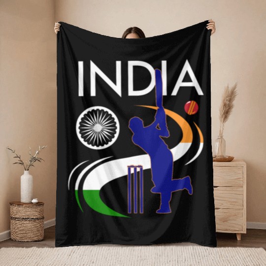 India Cricket With Indian Flag Brush Stroke Throw Blankets