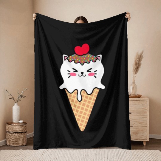 Cute funny sweet kitten ice cream cat cartoon Throw Blankets