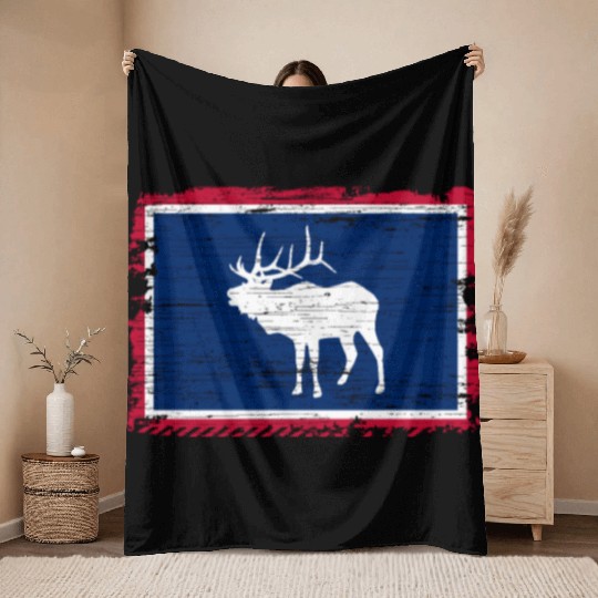 Wyoming Flag Elk Hunting Season For Deer Hunter Throw Blankets