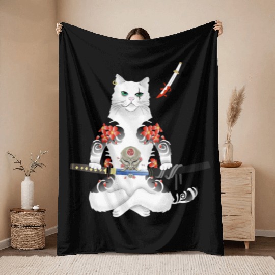Japanese Samurai Cat Katana Ninja Yakuza Tattoo Throw Blankets