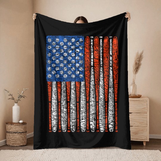 Vintage Baseball Bat American US Flag Gift Throw Blankets