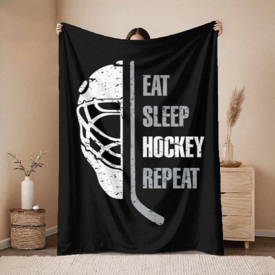 Eat Sleep Hockey Repeat Christmas Gift Kid Teen Ad Throw Blankets