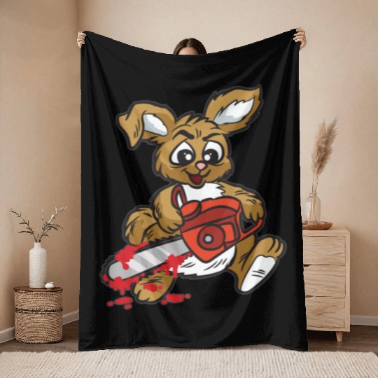 BAD BUNNY WITH CHAINSAW Throw Blankets