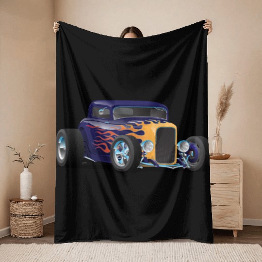 Vintage Hot Rod Car with Classic Flames Throw Blankets