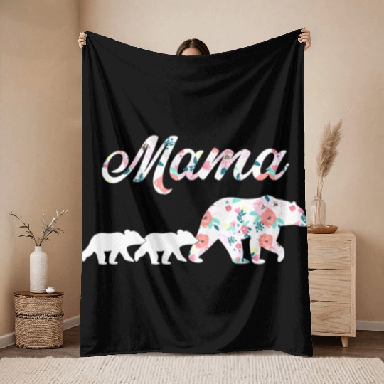 Floral Mama Bear Mom of 2 Mama Bear and Cubs Throw Blankets