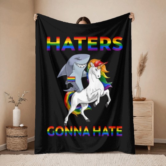LGBT Gay Pride Shark Riding Unicorn Haters Gonna Throw Blankets