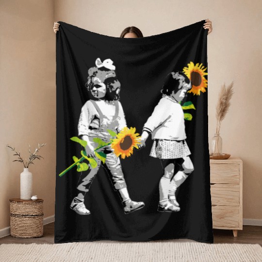 Sunflower Sisters - 2 Little girls with Sunflowers Throw Blankets