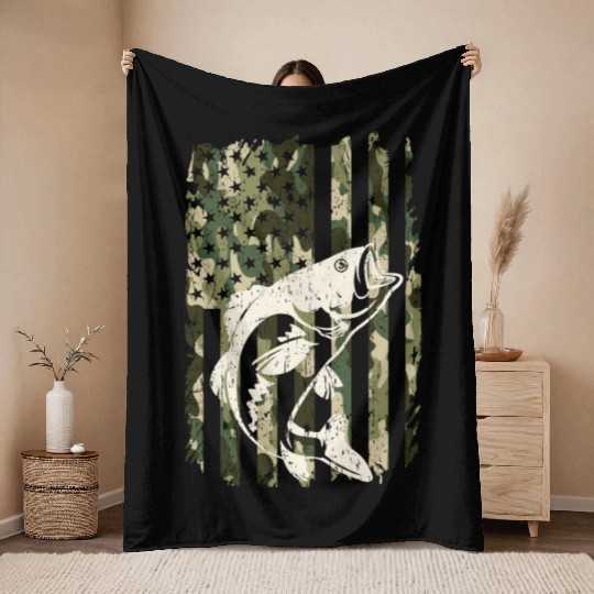 Camouflage American Flag Bass Fishing Throw Blankets