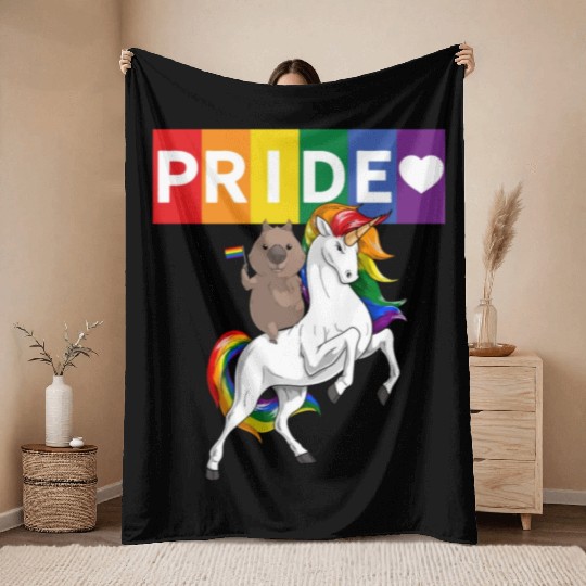LGBT Gay Pride Wombat Riding Rainbow Unicorn Throw Blankets