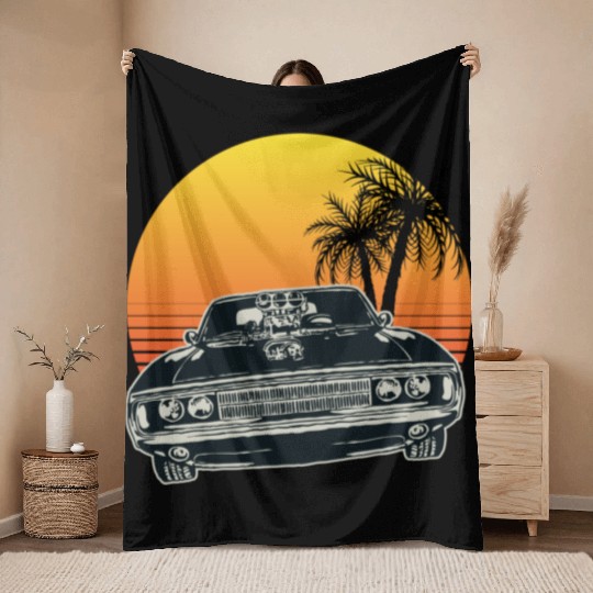 Muscle Car Sunset Throw Blankets