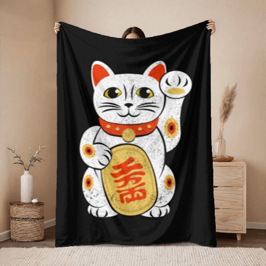 Japan Lucky Cat Japanese Maneki Neko Good Luck Cha Throw Blankets