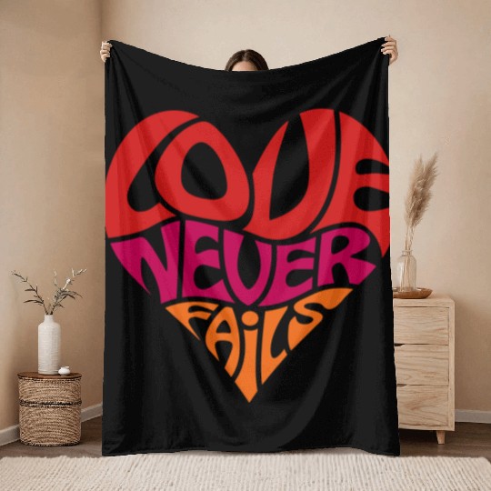 Love Never Fails, Heart, Christian, Bible Verse Throw Blankets