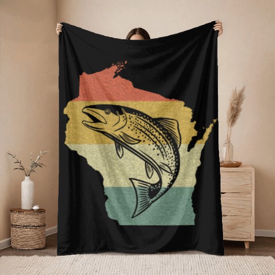 Vintage Retro Sunset Wisconsin Fishing Throw Blankets