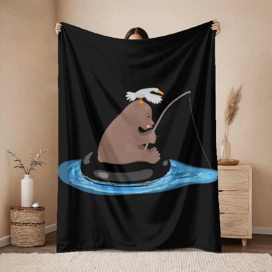 Cute bear cub fishing cartoon illustration Throw Blankets
