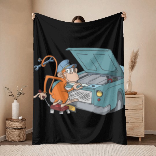 Car mechanic monkey hood Throw Blankets