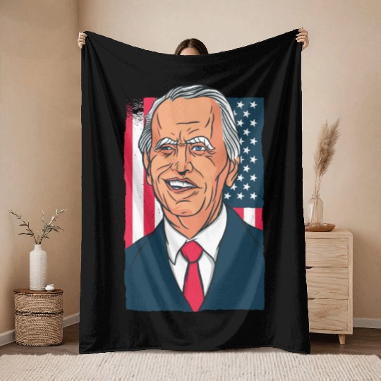 Joe Biden Cartoon Laughs with US Flag Throw Blankets